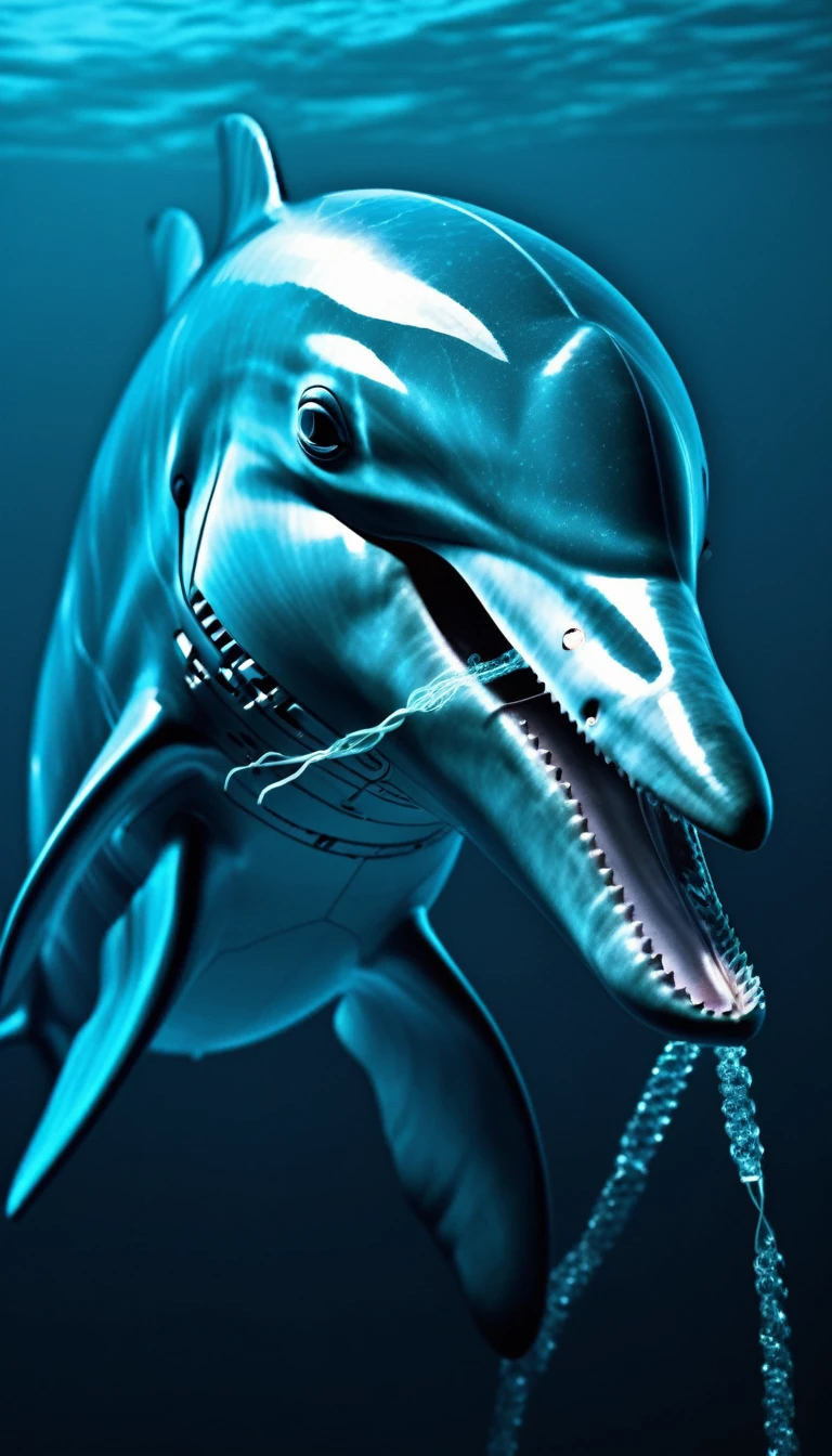Swimming in the ocean、A translucent movie still of a dolphin emitting ultrasound with its mouth open (Dolphin as a cybernetic robot:1.5), (Glowing Veins:1.3) (The cable enters the body, circuit:1.3), Very detailed, Vignette, Very detailed, High budget, Bokeh, Sulky, amazing, nice, Film Grain, granular