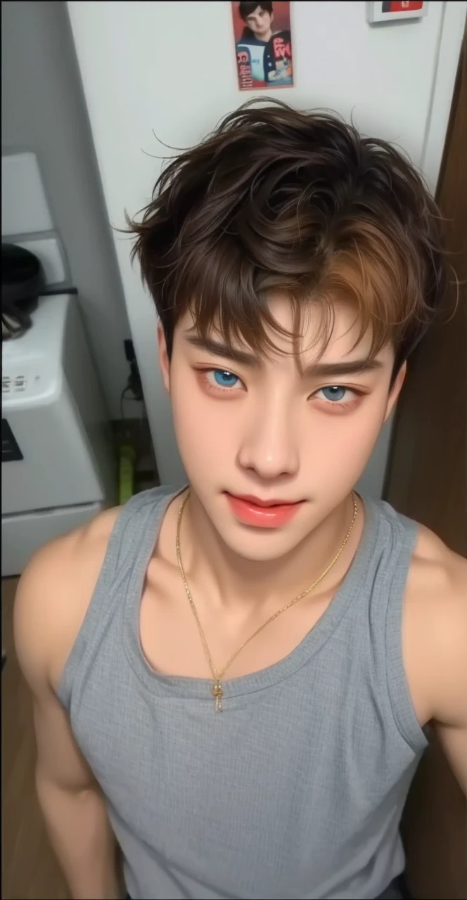 fit man with striped shirt and cell phone, Jungkook, adorable and pale korean face, taejune kim, Jinyoung Shin, Kim Doyoung, giga chad crying, jung jaehyun, hyung tae, who is siwoo, beautiful face, ironic smile, he has short, curly brown hair, Shin Jeongho, he has a glow coming from him, bts jungkook, bts, jeon jungkook, kpop boy, korean male face, eyes with heterochromia, one blue eye and one brown eye