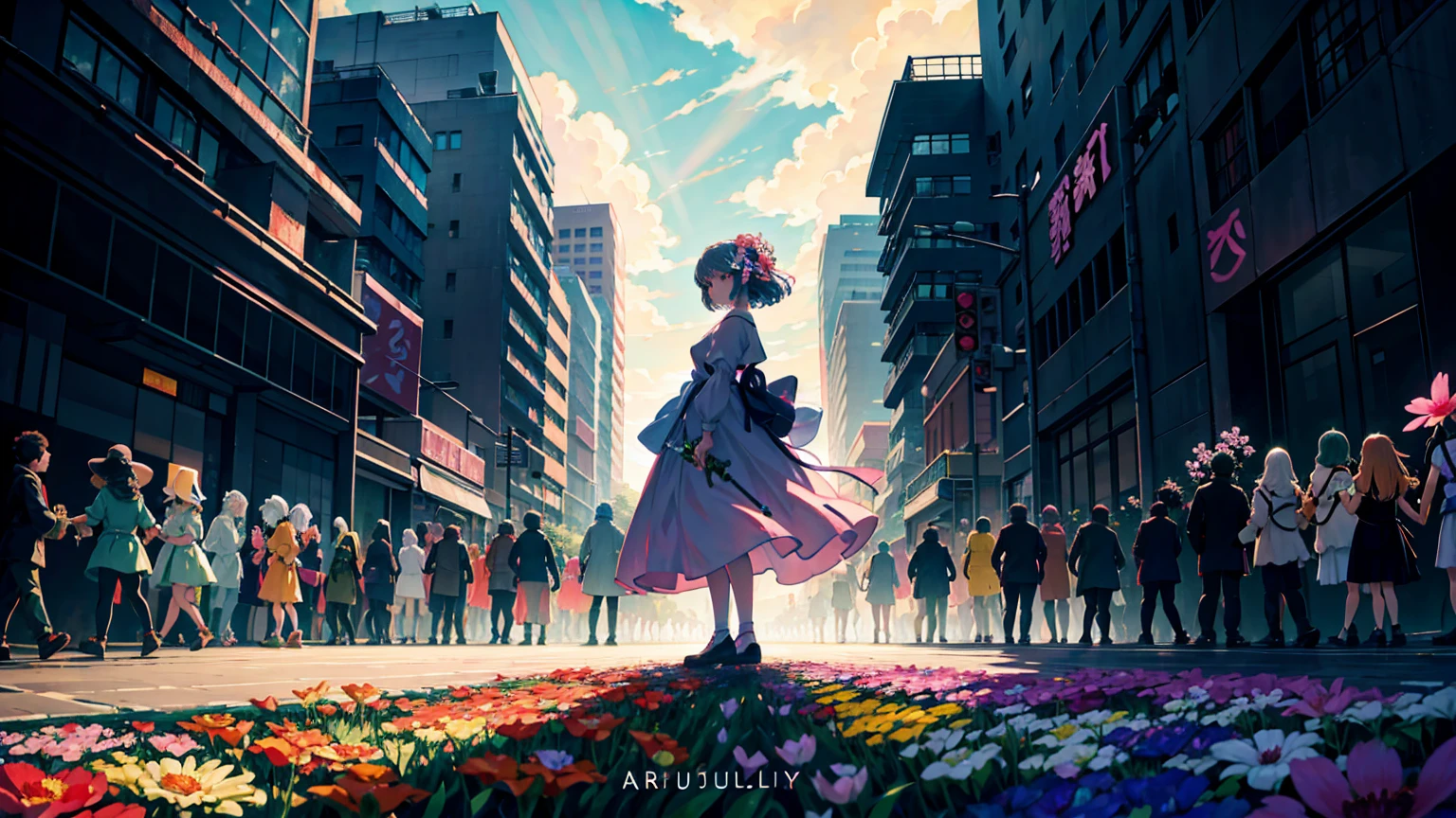 A vibrant flower blooms on the dirty ground of a large gray avenue. A crowd of gray, soulless people crosses the streets. A colorful , glowing with bright hues, stands protectively over the flower, protecting it with her little hands and determined eyes. Sunlight breaks through the dark clouds. Studio Ghibli style