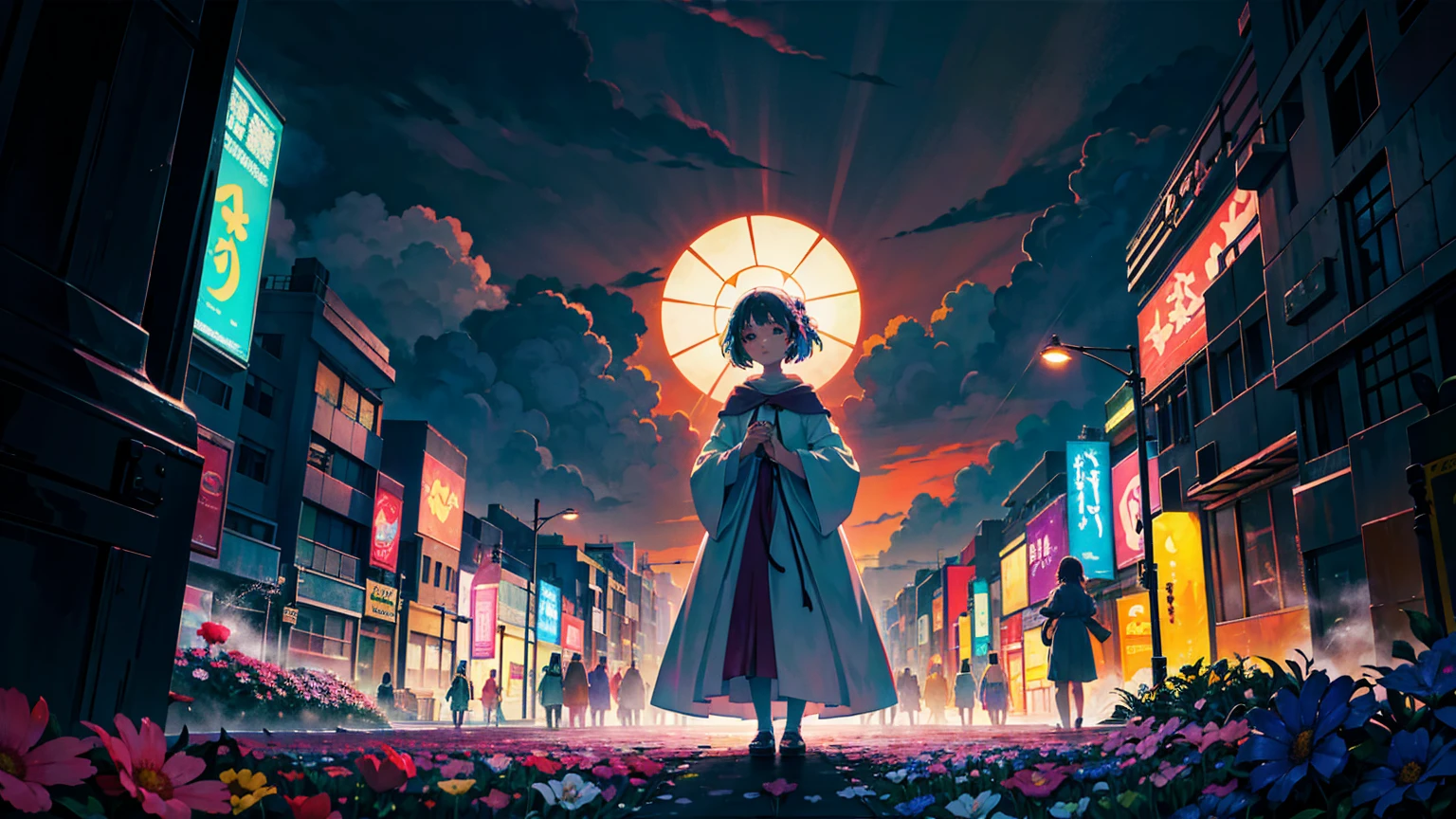 A vibrant flower blooms on the dirty ground of a large gray avenue. A crowd of gray, soulless people crosses the streets. A colorful , glowing with bright hues, stands protectively over the flower, protecting it with her little hands and determined eyes. Sunlight breaks through the dark clouds. Studio Ghibli style