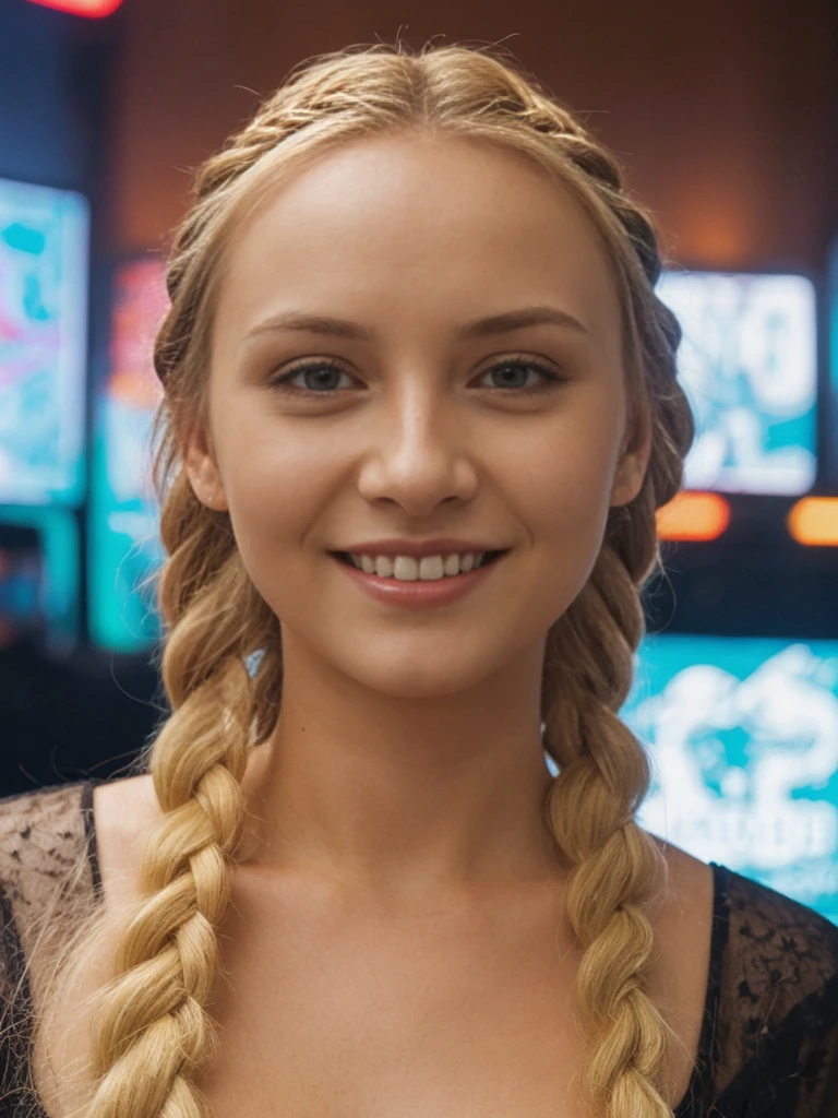 solo, realistic, photorealistic, natural lighting, (large forehead, (((Latvian woman))), (((Latvian nose))), (((Latvian eyes))), (((blonde))), (((braids))), (((Latvian face))), (((Latvian lips))), (((Latvian body))), (((fair complexion))) pose: standing, smiling, wearing Kimono Sleeve Dress, cleavage, , background:A nightclub that recreates the atmosphere of a music festival, with different stages featuring various genres, from EDM and dubstep to indie and pop. The club uses VR and AR to enhance the experience, allowing guests to explore virtual festival grounds, interact with digital art installations, and even attend virtual meet-and-greets with artists. The bar offers festival-themed drinks and snacks.