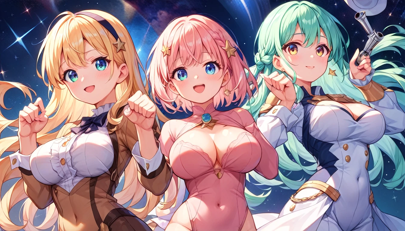 ((multiple girls:1.3)), ((moe style:1.3)), ((cowboy suit:1.3)), ((cool pose:1.3)), ((revolver:1.3)), ((space station:1.3)), ((large breasts:1.3)), ((centerfold:1.3)), ((extremely feminine:1.3)), perfect hands, ((perfect face)), ((extremely cute:1.3)), ((masterpiece)), ((8k)), ((best quality)), ((beautiful)), ((extremely detailed:1.3)) , ((absurdres)), AddXL, ((score_9:1.3)), ((score_8_up:1.3)), ((score_7_up:1.3)),
