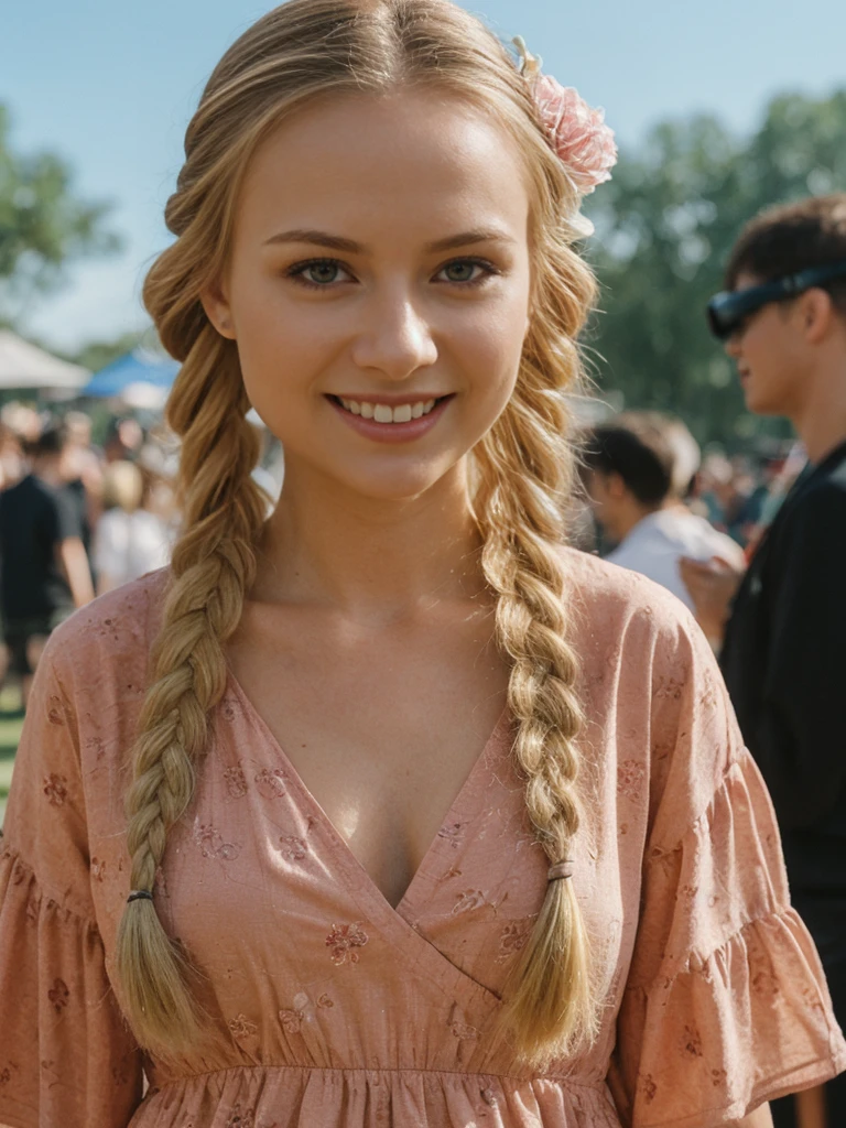 solo, realistic, photorealistic, natural lighting, (large forehead, (((Latvian woman))), (((Latvian nose))), (((Latvian eyes))), (((blonde))), (((braids))), (((Latvian face))), (((Latvian lips))), (((Latvian body))), (((fair complexion))) pose: standing, smiling, wearing Kimono Sleeve Dress, cleavage, , background:A nightclub that recreates the atmosphere of a music festival, with different stages featuring various genres, from EDM and dubstep to indie and pop. The club uses VR and AR to enhance the experience, allowing guests to explore virtual festival grounds, interact with digital art installations, and even attend virtual meet-and-greets with artists. The bar offers festival-themed drinks and snacks.