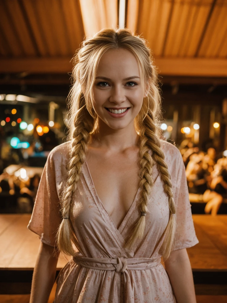 solo, realistic, photorealistic, natural lighting, (large forehead, (((Latvian woman))), (((Latvian nose))), (((Latvian eyes))), (((blonde))), (((braids))), (((Latvian face))), (((Latvian lips))), (((Latvian body))), (((fair complexion))) pose: standing, smiling, wearing Kimono Sleeve Dress, cleavage, , background:A nightclub that recreates the atmosphere of a music festival, with different stages featuring various genres, from EDM and dubstep to indie and pop. The club uses VR and AR to enhance the experience, allowing guests to explore virtual festival grounds, interact with digital art installations, and even attend virtual meet-and-greets with artists. The bar offers festival-themed drinks and snacks.