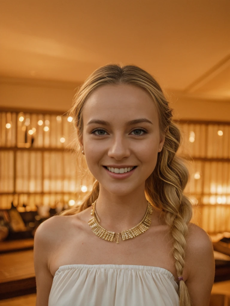 solo, realistic, photorealistic, natural lighting, (large forehead, (((Latvian woman))), (((Latvian nose))), (((Latvian eyes))), (((blonde))), (((braids))), (((Latvian face))), (((Latvian lips))), (((Latvian body))), (((fair complexion))) pose: standing, smiling, wearing Kimono Sleeve Dress, cleavage, , background:A nightclub that recreates the atmosphere of a music festival, with different stages featuring various genres, from EDM and dubstep to indie and pop. The club uses VR and AR to enhance the experience, allowing guests to explore virtual festival grounds, interact with digital art installations, and even attend virtual meet-and-greets with artists. The bar offers festival-themed drinks and snacks.