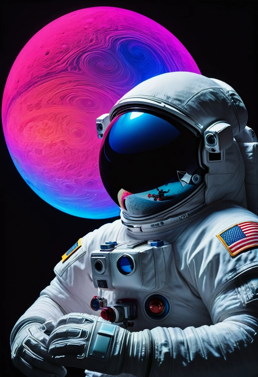 An astronaut holding a planet,close up,Glowing fluorescent feeling,Transparency,dream,Monet's color scheme,by James Turrell James Turrell,Texture Matte,high quality,High Definition,Rose red,blue,Neon light,black background,