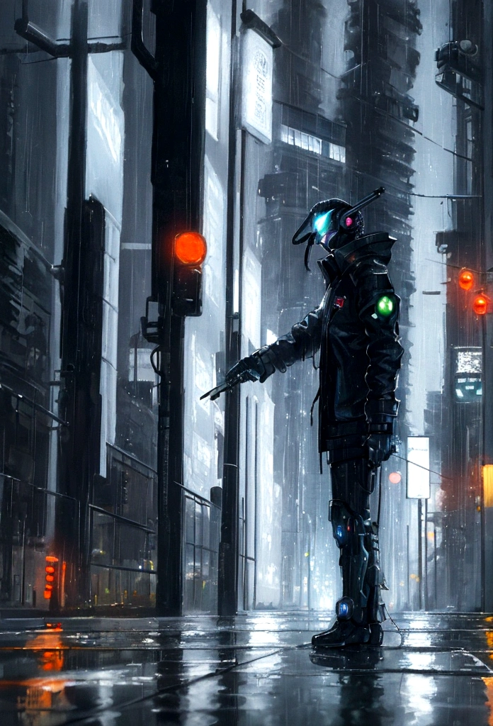 cyber punk, Rainy future city at night、Close-up、Many raindrops in a puddle、Neon Reflection、scenery, oil painting, William Turner style