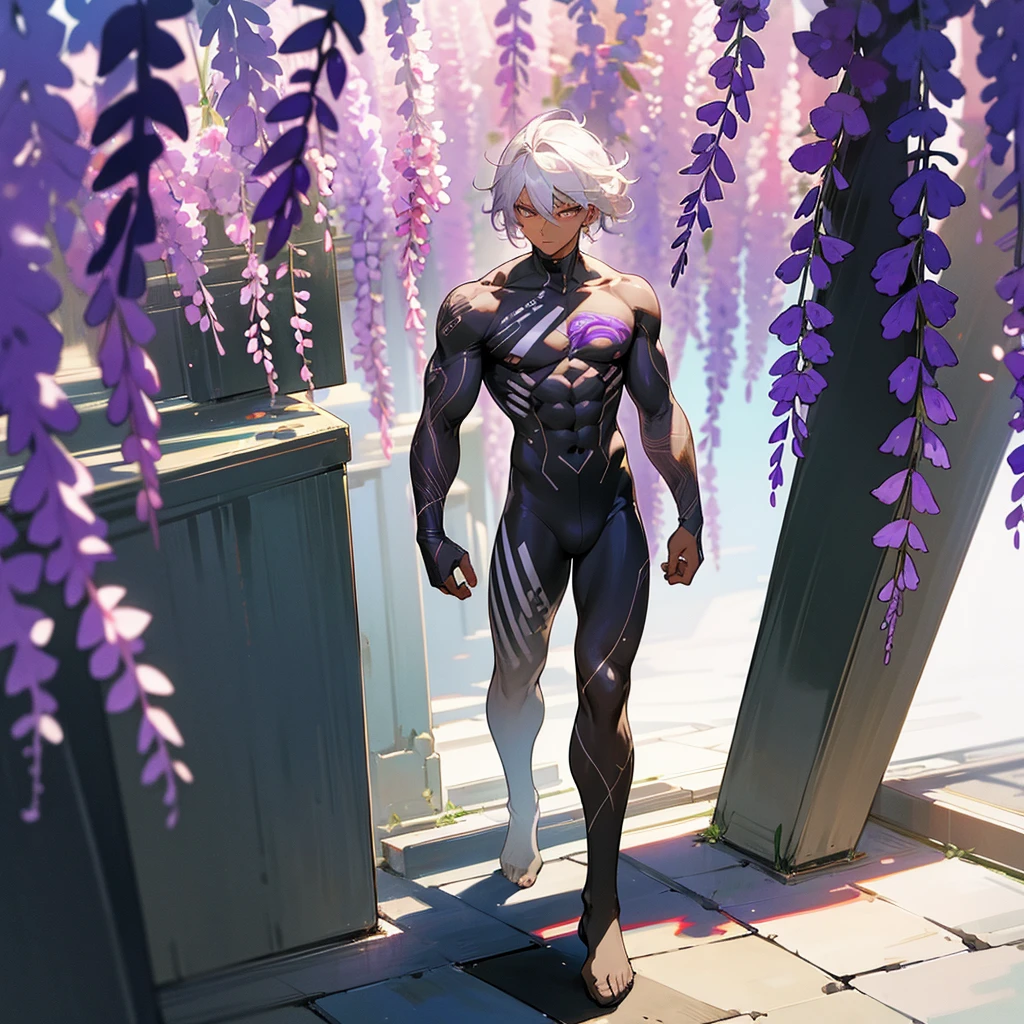 1male,  adult, dark skin, finely detailed plum eyes, wild medium hair, seashell white hair color, full body combat suit, standing on building, day time, tokyo streets, somber expression, muscular, tattoos, wisteria flowers, scars