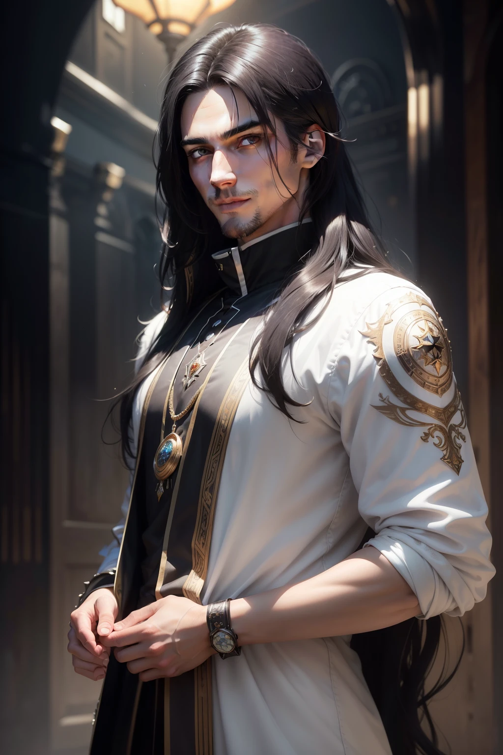 1 male with unique and attractive features, bright white skin, long and black hair that falls over his shoulders, ((big eyes, bright eyes, dark brown eyes, and these eyes carry a mysterious luster and hidden tale)). ((He has a warm and attractive smile that gives his face a touch of charm and attractiveness)), ((Wearing strange and unique clothes, reflecting an artistic and innovative character)), 8k, high quilty, realistic, beautiful realistic, Cool details, raw photo, realistic clothing, long hair, black hair, realistic hair, Light and cool lighting, photo realistic, Cel shaded, Gel lighting, ultra details