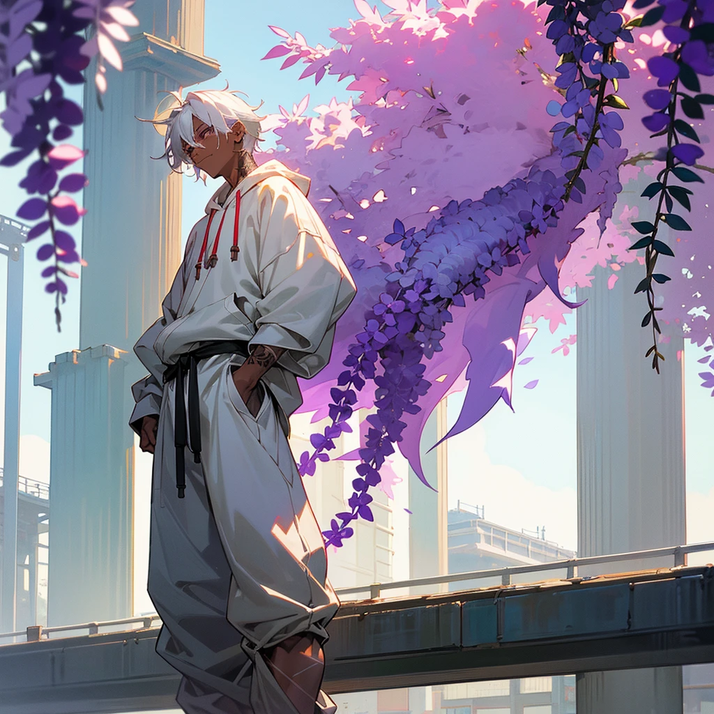 1male, young adult, dark skin, finely detailed plum eyes, wild medium hair, seashell white hair color, oversized hoodie, baggy pants, standing on building, day time, tokyo streets, somber expression, muscular, tattoos, wisteria flowers, scars