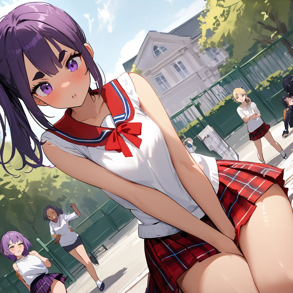 work of art, best qualityer, extremely detaild,dutch angle, アニメ,Suéter schoolyardr grande、plaid plaid skirt,skin tanned,ar old rk skin tiny body,smallbreast,baby faetween legs,break,multicolored dark purple hair,side ponytail,short hair with long highlights,break,Eyes red,thick eyebrow,unexpressive,Detailed lips,False eyelashes,break,red cotton ribbon,break,break,microskirt,break,schoolyard
