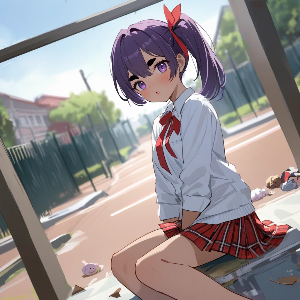 work of art, best qualityer, extremely detaild,dutch angle, アニメ,Suéter schoolyardr grande、plaid plaid skirt,skin tanned,15year old ,dark skin tiny body,smallbreast,baby face,hand between legs,break,multicolored dark purple hair,side ponytail,short hair with long highlights,break,Eyes red,thick eyebrow,unexpressive,Detailed lips,False eyelashes,break,red cotton ribbon,break,break,microskirt,break,schoolyard