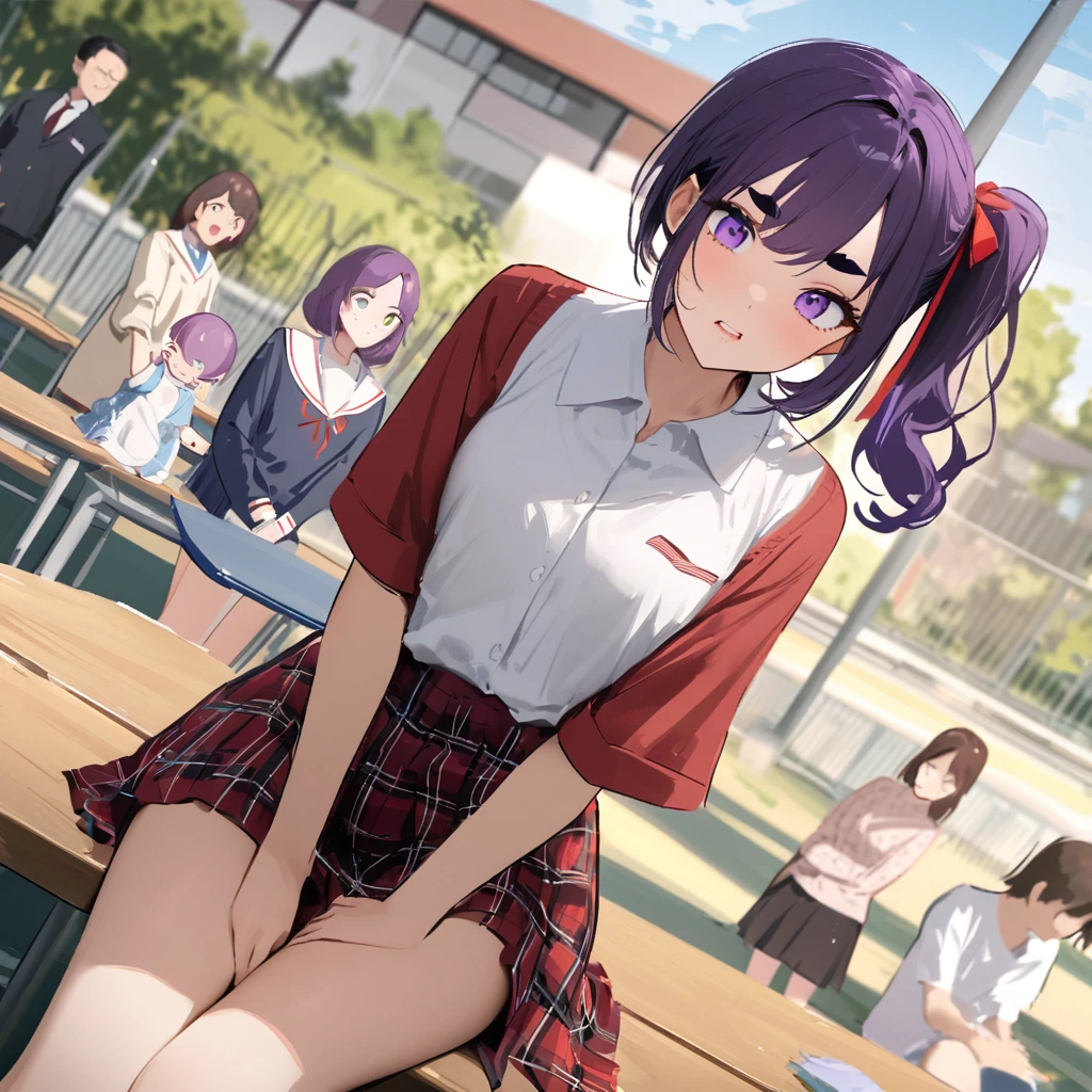 work of art, best qualityer, extremely detaild,dutch angle, アニメ,Suéter schoolyardr grande、plaid plaid skirt,skin tanned,15year old ,dark skin tiny body,smallbreast,baby face,hand between legs,break,multicolored dark purple hair,side ponytail,short hair with long highlights,break,Eyes red,thick eyebrow,unexpressive,Detailed lips,False eyelashes,break,red cotton ribbon,break,break,microskirt,break,schoolyard