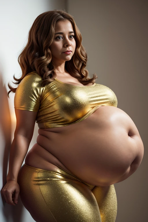 Natural photography of a Pam Beesly, wearing fitness gold metallic clothes, leaning over, brown hair, normal bust, locks eyes into the camera, symmetrical eyes, symmetrical face, photorealistic, photography, path tracing, specular lighting, volumetric face light, path traced hair, visible shadows, intricate, elaborate, curvy body, plump body, huge big ass, thick body, curvy body type, voluptuous body type, busty body type, thick body type, big chest, big