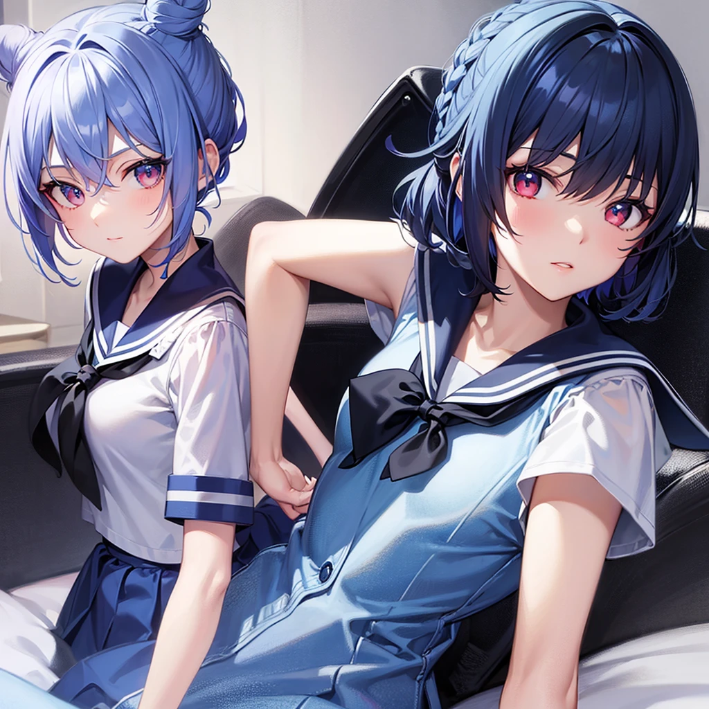 Bun hairstyle, short hair, inner color, blue, red eyes, girl, sailor suit
