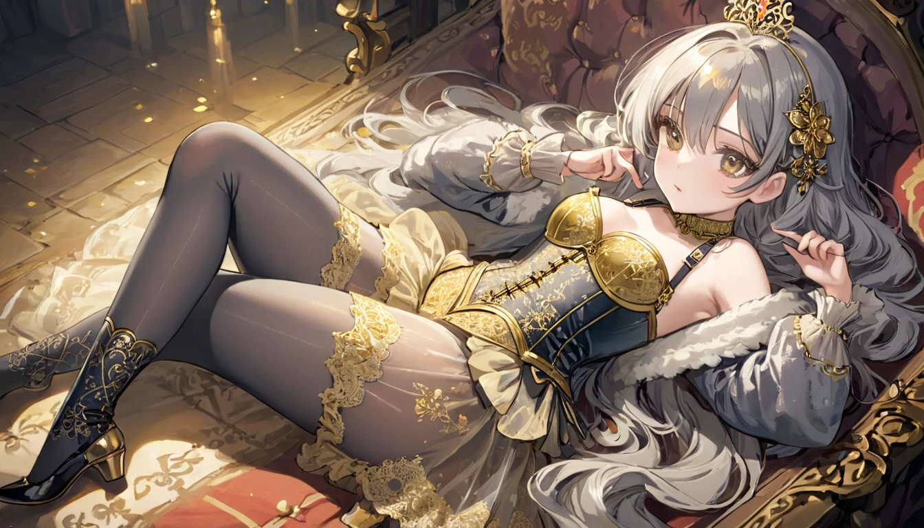 Medieval1People Girls、 Gold and silver embroidery、In underwear、Knee-length semi-transparent bloomers(With gold and silver lace)Wearing、Wearing a semi-transparent corset、 Grey translucent tights、Lying down