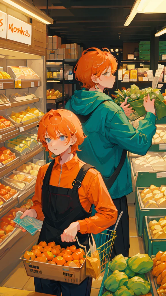 Man with orange hair being a grocery store cashier