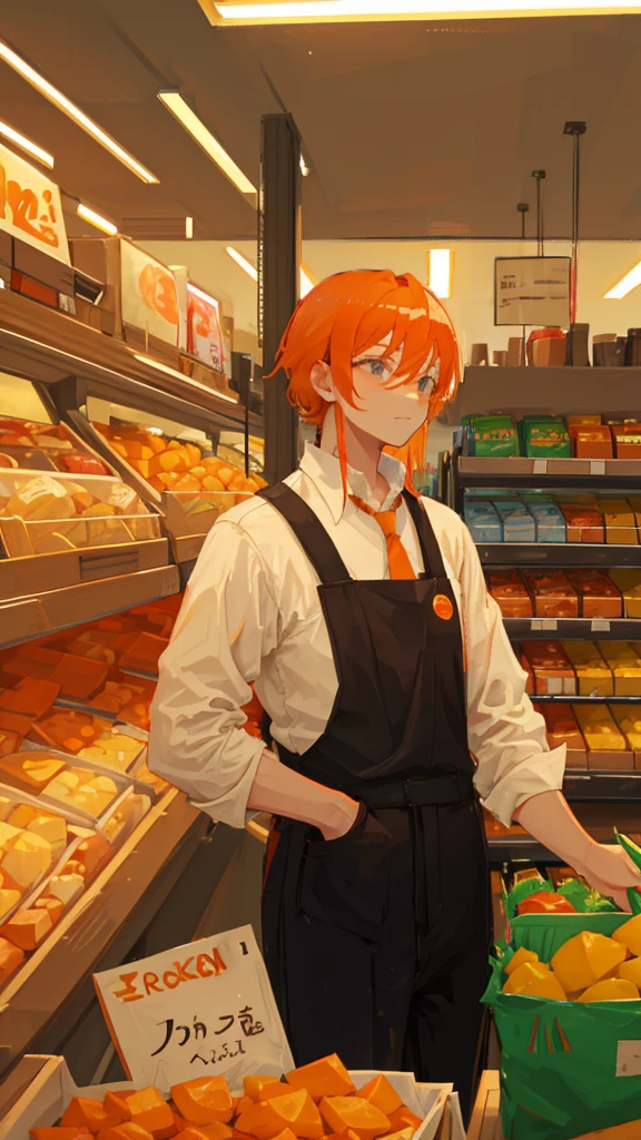 Man with orange hair being a grocery store cashier