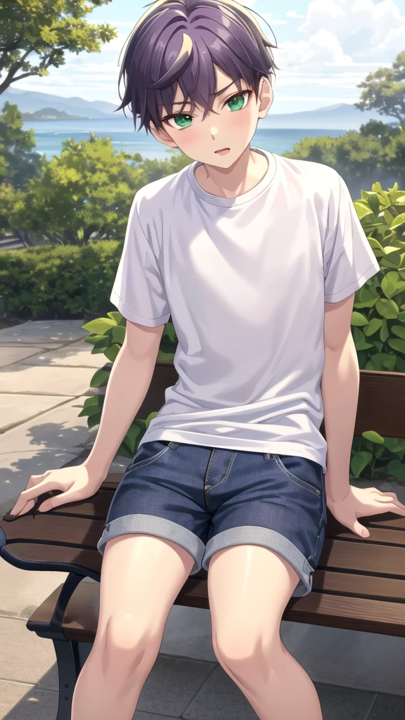 masterpiece, best quality, high quality, 1boy, solo, -yeld bovil boy,male focus, looking at viewer , purple hair, old-school swoop haircut,white shirt with short sleeves,blue jean shorts, green eyes, sitting on a bench 