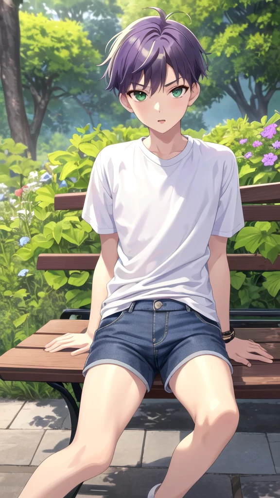 masterpiece, best quality, high quality, 1boy, solo, 14-year-old boy,evil boy,male focus, looking at viewer , purple hair, old-school swoop haircut,white shirt with short sleeves,blue jean shorts, green eyes, sitting on a bench 