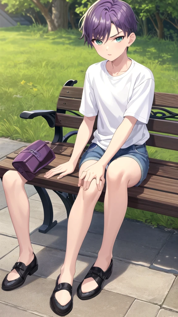 masterpiece, best quality, high quality, 1boy, solo, -yeld bovil boy,male focus, looking at viewer , purple hair, old-school swoop haircut,white shirt with short sleeves,blue jean shorts, green eyes, sitting on a bench