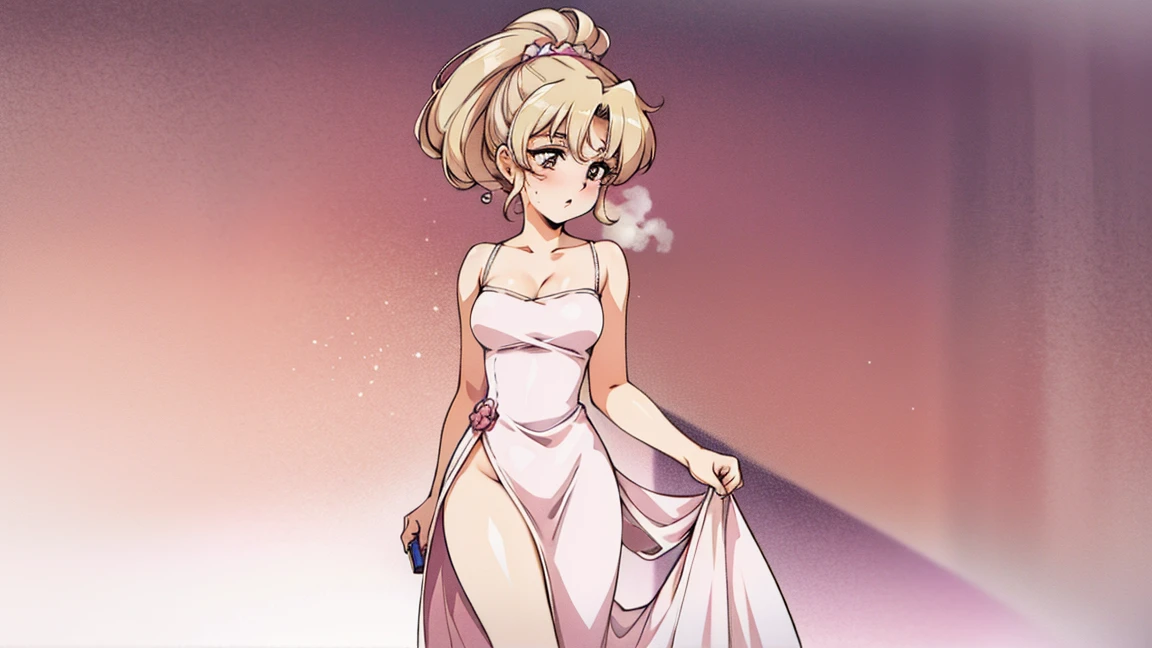 A woman spraying perfume into the air and walking through it to evenly distribute the scent. She is elegant and dressed stylishly. The background is softly blurred to focus on her action. The image captures the elegance and method of applying perfume properly.