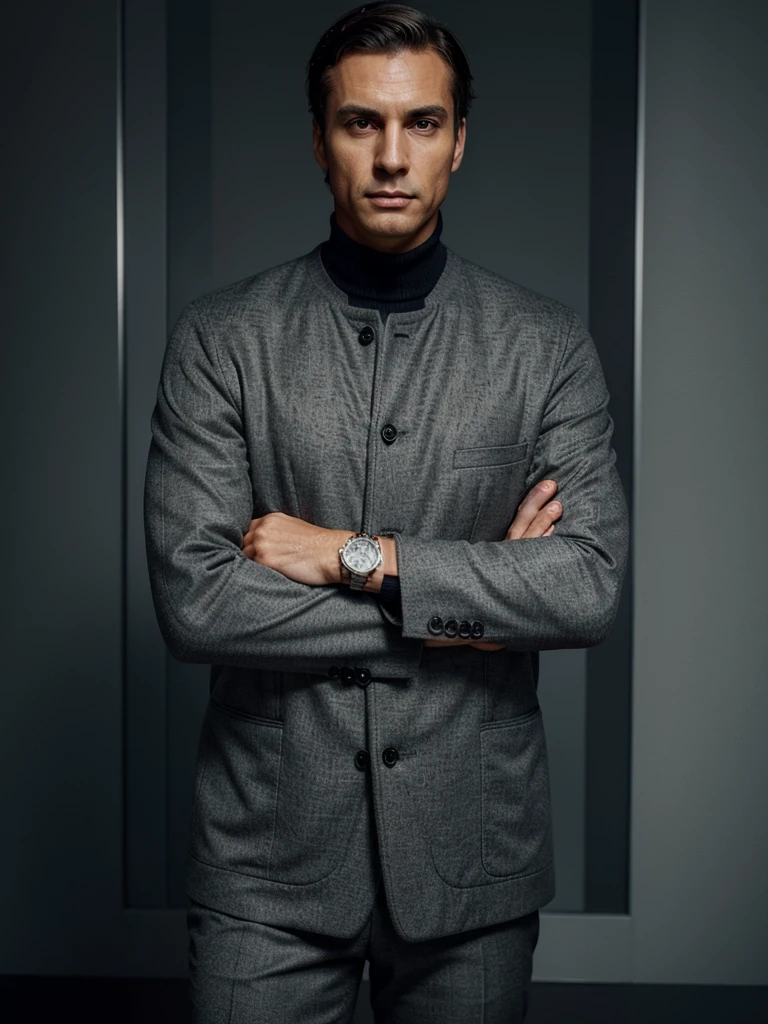 A confident businessman, wearing a tailored grey jacket over a dark sweater, and a sophisticated wristwatch. He stands against a neutral, softly blurred background, creating a clean space for text. His posture is relaxed yet commanding, with his arms slightly crossed and his gaze directed downward. The image should convey modern elegance, confidence, and professionalism.