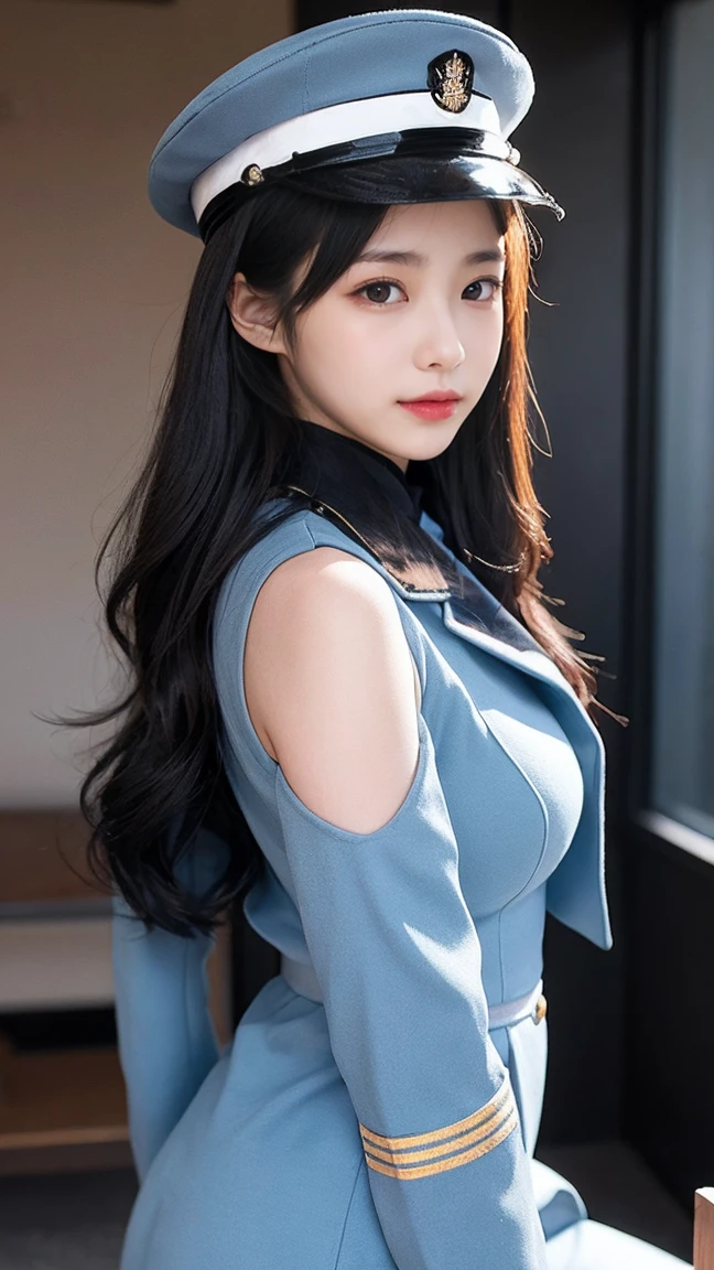 最high quality, masterpiece, 32k、Very detailed、Realistic、1 Girl, Japanese women、Light blue military uniformのコスチューム、Futuristic sexy costume, Light blue military uniform、US Army uniform hat、Light blue military uniform、Class seal、Light blue military uniformの帽子をかぶっている(military uniform hat), Cute face, (photo Actual:1.3),Edge lighting, (Skin with attention to detail:1.2), 8K超High resolution, Single-lens reflex camera, high quality, High resolution, 4K, 8K, Optimal ratio of four fingers to one thumb, (Actual:1.3), cute 1 Girl, Realistic、Super Realistic、32k、Very detailed、masterpiece, 最high quality, beautiful girl, beauty、Gorgeous girl, Big Breasts, Big Ass, Tight waist, Spread your legs, Plenty of facial detail, City of the Future, Very detailedな, High resolution, masterpiece, high quality, High resolution,