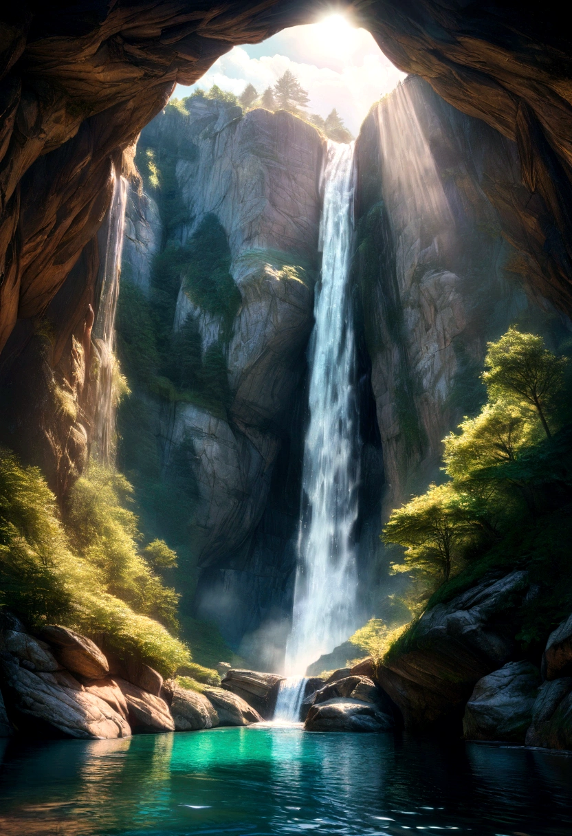 a huge, beautiful waterfall, crystal clear water, dramatic rocky cliff, lush forest, sun shining through clouds, dramatic lighting, stunning landscape, epic scale, photorealistic, 8k, hyperdetailed, masterpiece, dramatic, cinematic, vivid colors, natural beauty