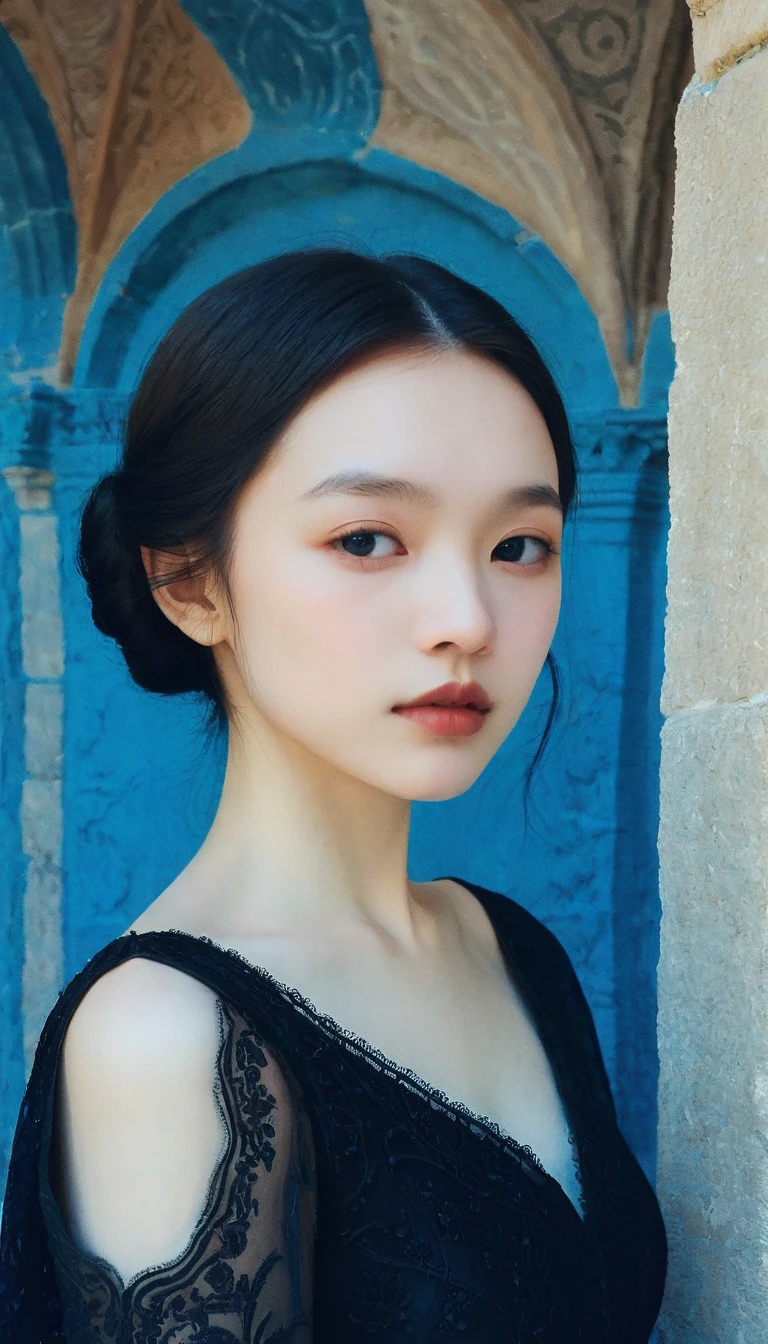 a woman poses in a black dress, in the style of soft edges and atmospheric effects, romanesque, pop inspo, michael malm, close-up shots, the blue rider, warmcore --ar 1:2 --stylize 750 --v 6