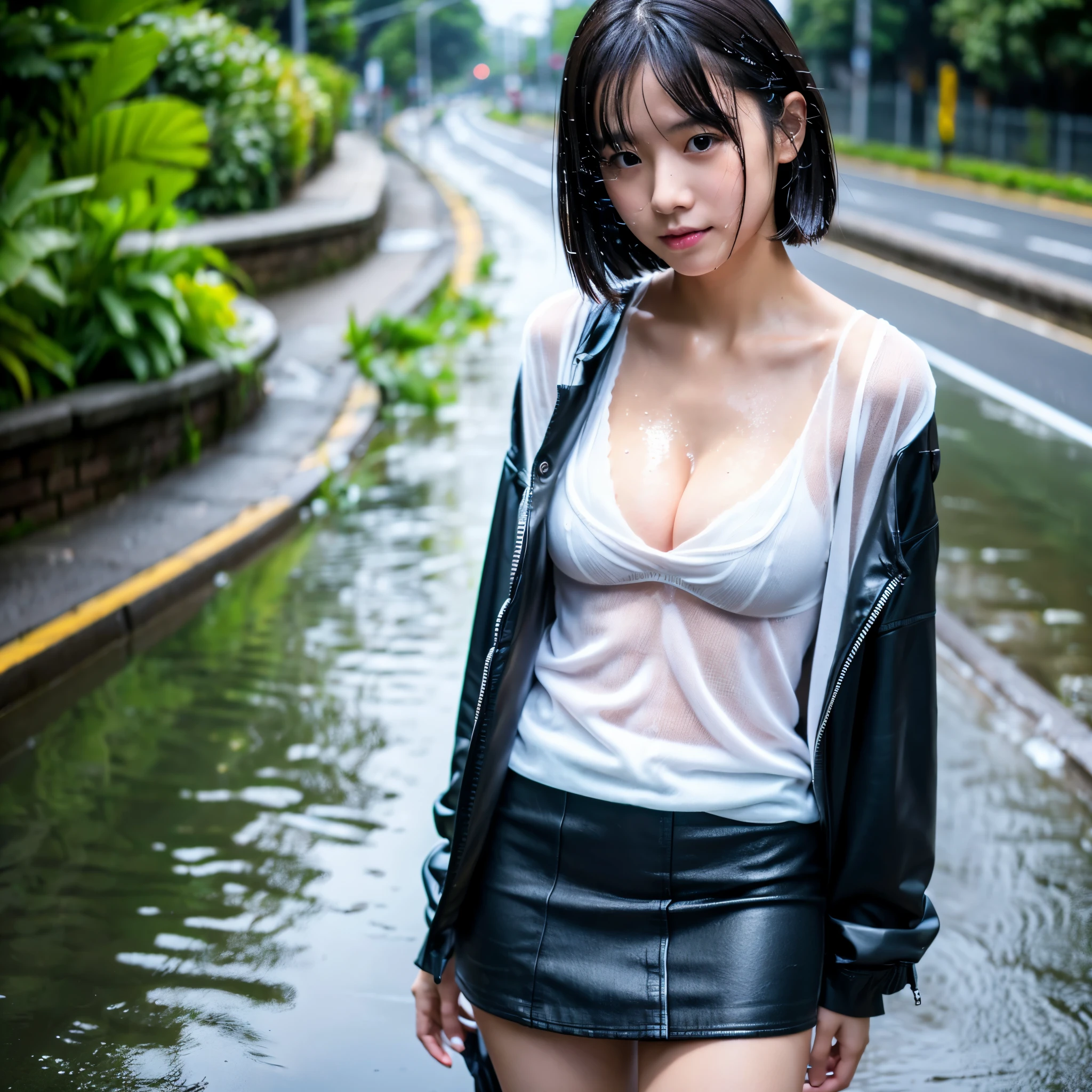 heavy rain,Wet city road ,drenched, Dripping, Wet Face,Wet clothes, Wet Skin, Wet Hair,A young woman with a cute face like an idol,(((Cleavage))),(White blouse),(mini skirt),((Full body portrait)),(((The clothes start to melt in the water and the skin becomes visible.))),RAW Photos,Genuine,Genuine,High resolution,RAW Photos,masterpiece, beautiful
