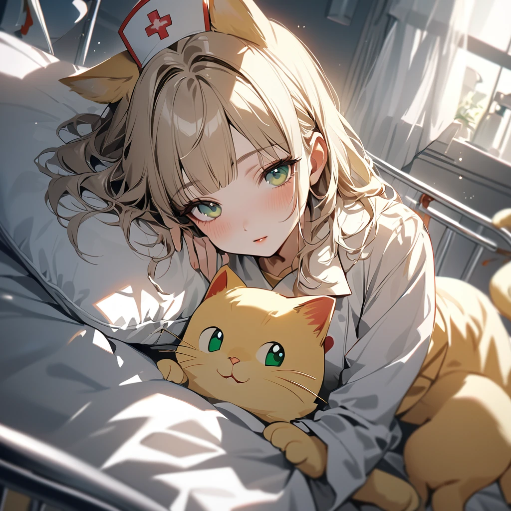 (Cute 2 girls:1.5), (masterpiece:1.3), anime visual, (one Girl lying in hospital bed, pale purple hair, blunt bangs, green eyes,pajamas,:1.3 ), (other girl: Nurse hat with yellow cat ears, yellow nurse uniform, short blonde hair, golden eyes, holding a big syringe:1.3),(Lovey-dovey:1.5), (tilt head:1.3), extremely delicate face, soft clean focus, realistic lighting and shading, (an extremely delicate and beautiful art:1.3), elegant, (muted colors:1.1),