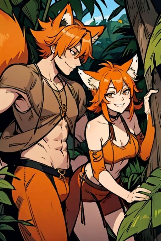 An orange haired fox man with orange eyes and orange fox ears and an orange fox tail in a pirate's outfit is exploring a tropical jungle with a big smile
