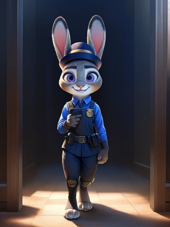 judy hopps, black worker uniform, usin a Dor-15 bowler hat, photo, cute smile, fit body, full body, realistic, perfect body, little body, best shadows, natural lights, zootopia scenary, raw hdr