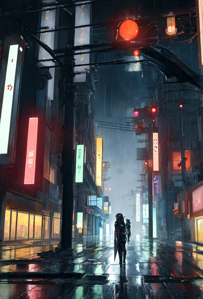 cyber punk, Rainy future city at night、Close-up、Many raindrops in a puddle、Neon Reflection、Samurai, scenery, oil painting, William Turner style