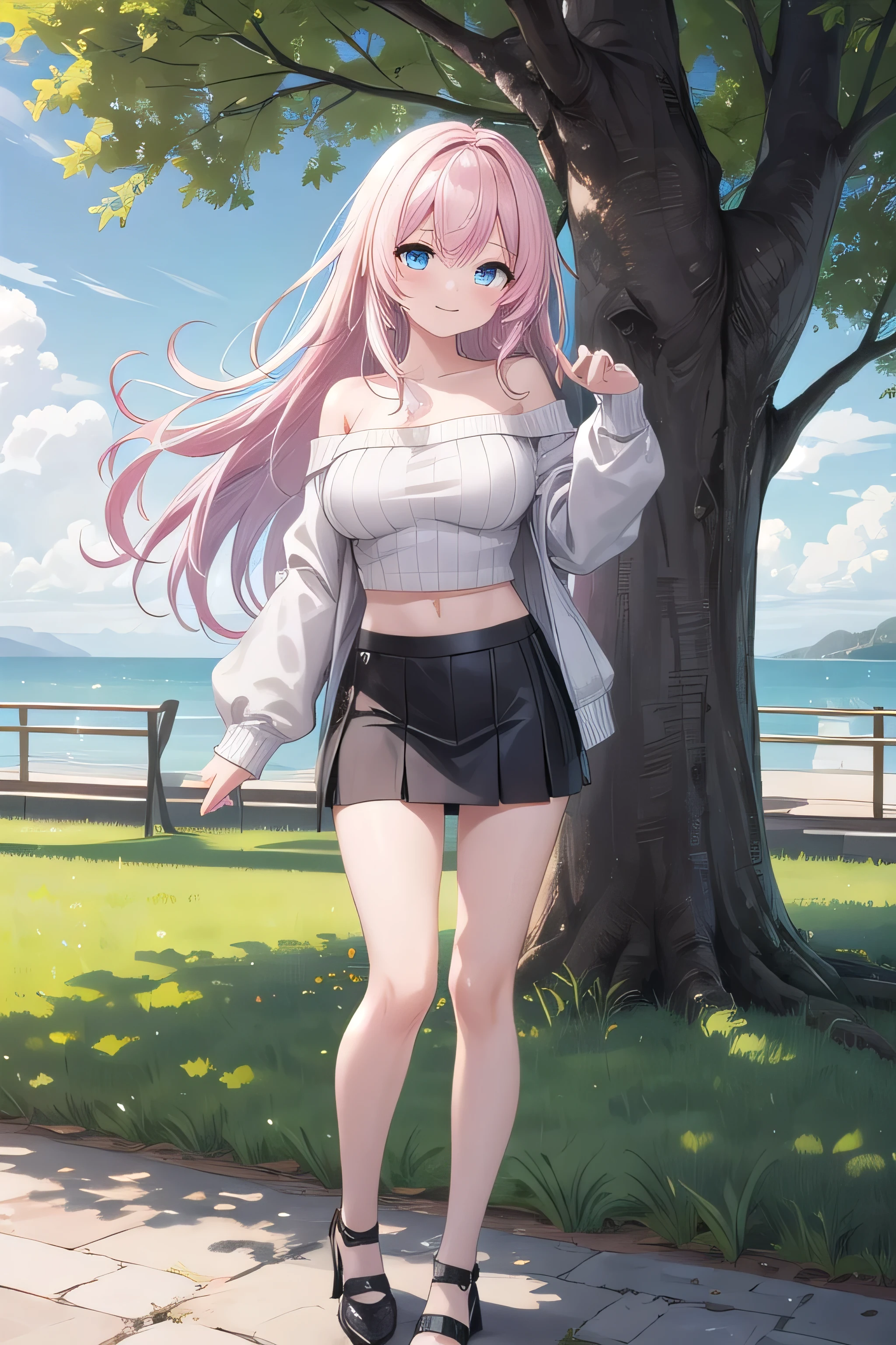 full body, masterpiece, 8k, ultra HD, sharp focus, details hair, beautiful hair, details face, beautiful detail eye, details pupil, perfect hand, vibrant colours, soft lighting.

1girl, kids height , long hair, style hair, light pink hair, sea blue eyes, large breast, losses sweater, no neck sweaters, open chest sweater, cropped top, off-the-shoulder, sexy pose, smile, mini skirt, random shoes.

in park, standing beside tree, nice clouds, show legs 