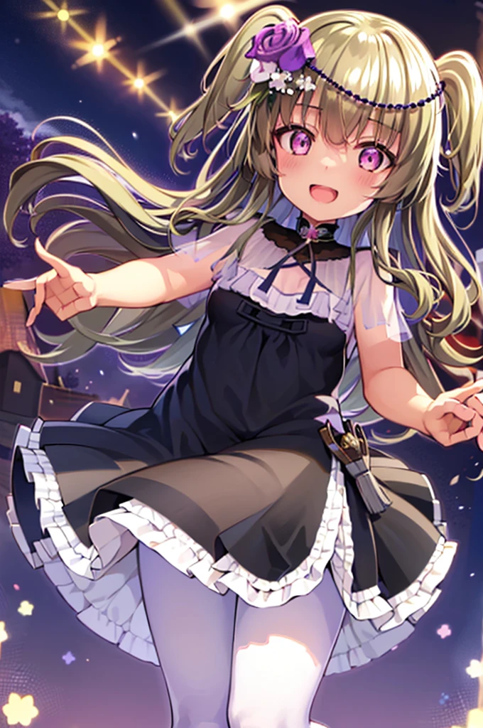 Himari Mei, masterpiece, , cute, flat chest, cute and shy smile, highly detailed sparkling brilliant purple eyes, open mouth slightly, standing in summer night,black dress, perfect body, detailed hands, detailed fireworks in the sky, outstretched arms for viewer, full body