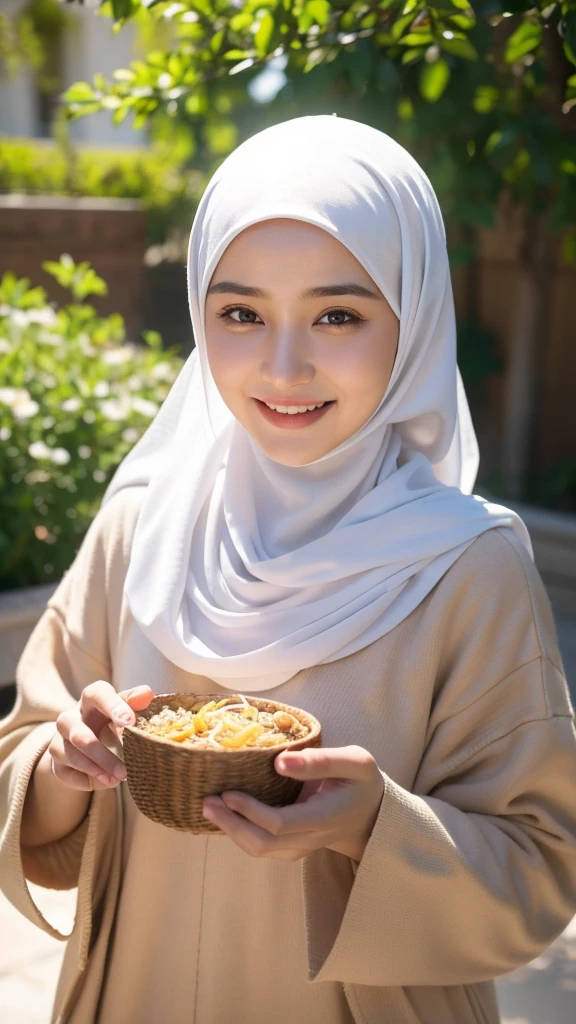 A Muslim woman who is doing good deeds, such as feeding the poor or cleaning the environment, with full sincerity and sincerity. His facial expression radiates joy and peace in providing this assistance, without seeking praise or material reward. The background can be a community environment in need or beautiful nature, with a focus on good actions carried out wholeheartedly. Sunlight or warm natural lighting can add a touch of warmth and kindness to the photo. very real, high resolution, 8k resolution, intricate details