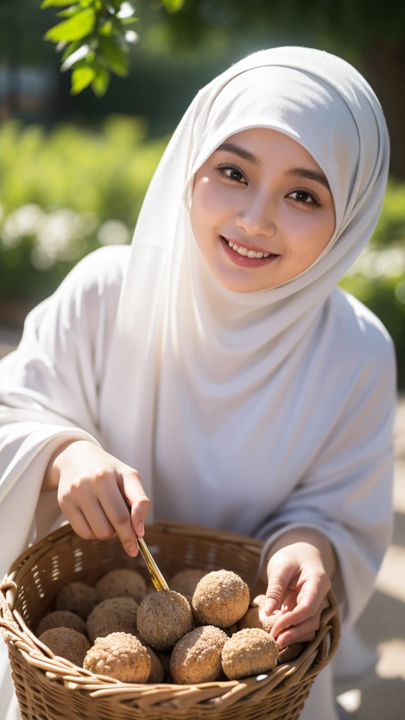A Muslim woman who is doing good deeds, such as feeding the poor or cleaning the environment, with full sincerity and sincerity. His facial expression radiates joy and peace in providing this assistance, without seeking praise or material reward. The background can be a community environment in need or beautiful nature, with a focus on good actions carried out wholeheartedly. Sunlight or warm natural lighting can add a touch of warmth and kindness to the photo. very real, high resolution, 8k resolution, intricate details
