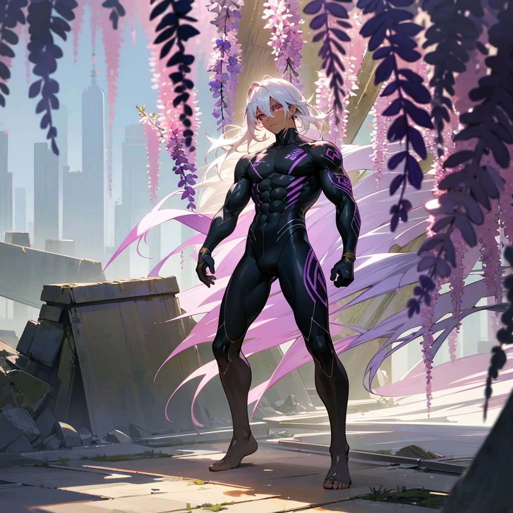 1male, young adult, dark skin, finely detailed plum eyes, wild medium hair, seashell white hair color, full body combat suit, standing on ruined building, day time, tokyo streets, somber expression, muscular, tattoos, wisteria flowers, scars