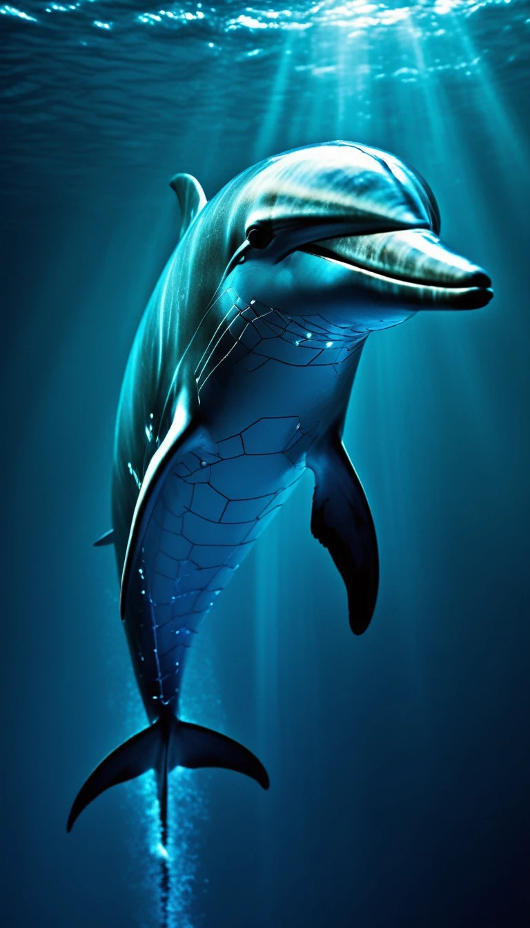 Swimming in the ocean、Dolphin in its purest form、Translucent movie stills (Dolphin as a cybernetic robot:1.5), (Glowing Veins:1.3) (The cable enters the body, circuit:1.3), Very detailed, Vignette, Very detailed, High budget, Bokeh, Sulky, amazing, nice, Film Grain, granular
