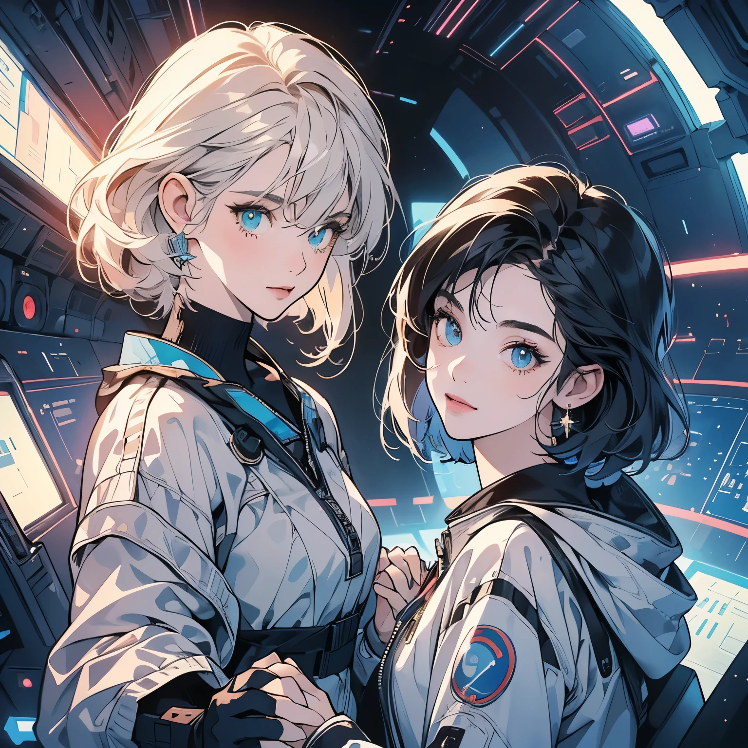 One beautiful ((("Two women" holding one hands))), inside a spaceship, perfect machine, spacesuit, looking at camera, perfect face, zero gravity, outer space, lots of wires, switchboard, perfect and detailed machine, robot, detailed hair, (((Various angles))), cockpit, most beautiful woman alive, head shot , Super detailed background, top quality, Unique and beautiful eyes, Various unique hairstyles, Ghost in the Shell, Long shot, Panorama, (((Various eye color))), Outer space in the background, Unique and perfect face, Pale Lighting, shoot from above, (((ground level shot))), (((stylish))), (((Various eye colors))), (((frontal face))),(((front view)))