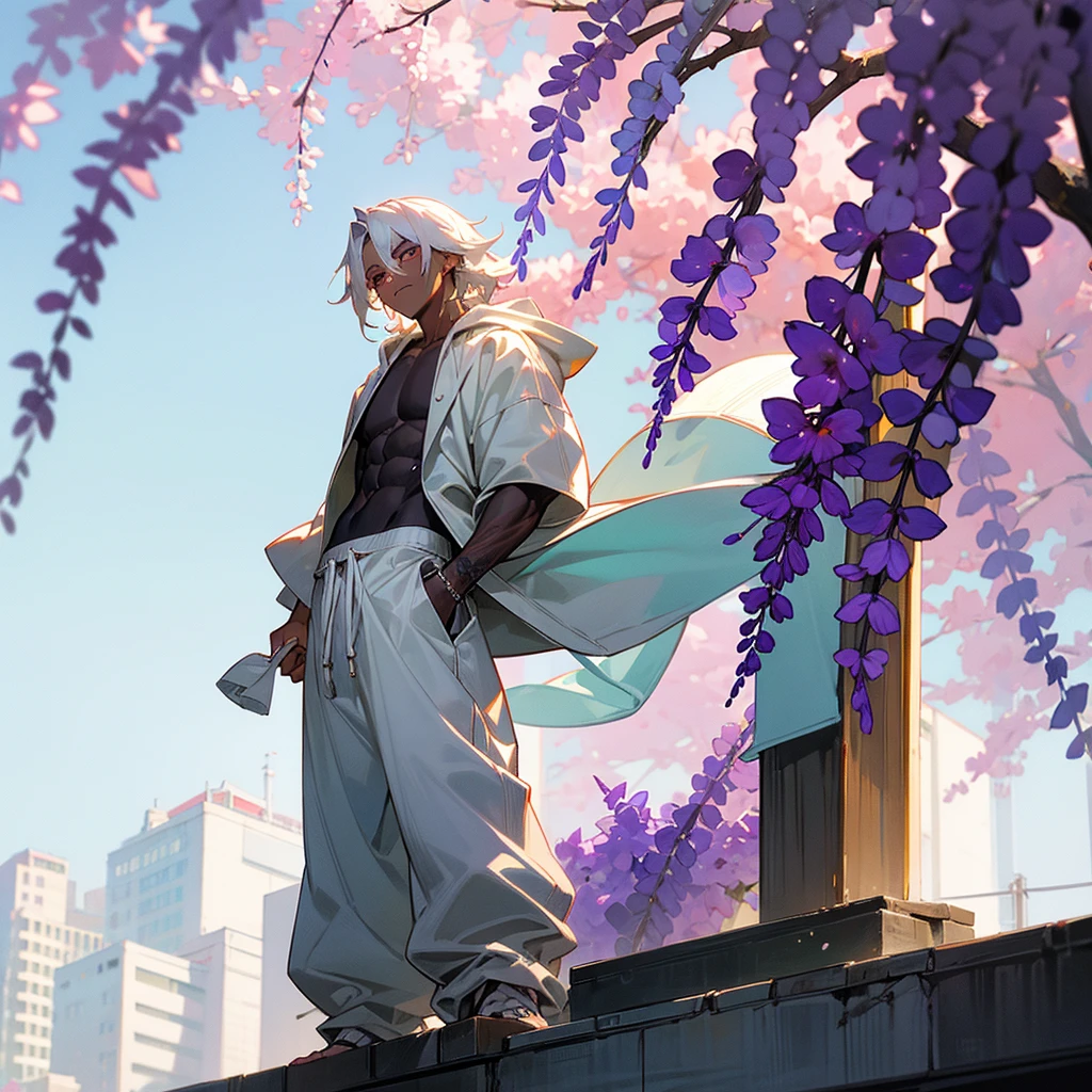 1male, young adult, dark skin, finely detailed plum eyes, wild medium hair, seashell white hair color, oversized hoodie, baggy pants, standing on building, day time, tokyo streets, somber expression, muscular, tattoos, wisteria flowers, scars