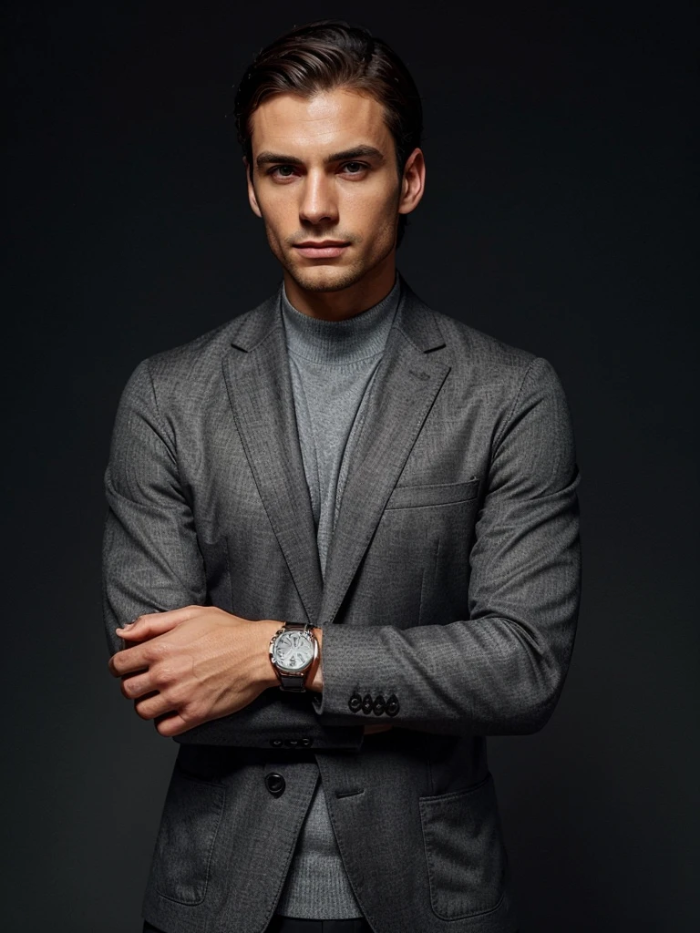 A sophisticated man, wearing a slim-fit grey jacket over a dark sweater, and a luxury wristwatch. He is positioned against a minimalist background with a soft gradient, providing ample space for text. His posture is relaxed but confident, with one hand touching his chin thoughtfully. His expression is contemplative and assured. The image should convey elegance, confidence, and style.