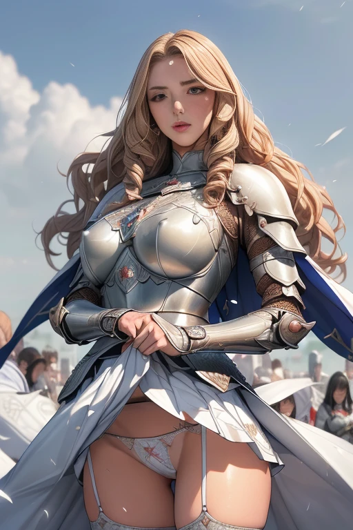 Very beautiful woman、Slender women、(Detailed face)、Realistic Skin、((Holy Knight)), ((Armor made of platinum))、((((Extremely detailed and intricately decorated armour:1.1))))、((Delicate photo))，(Girl Astepeace RAW Photo Details:1.25), (Highest quality:1.6), (Ultra-high resolution:1.5), (Realistic:1.75), 8K resolution, Canon EOS R5, 50mm, Absurd, Super detailed,Cinema Lighting,((Fightfield))、((Fight))、(((White embellished micro skirt)))、Red lace high leg panties:1.2,Thigh-high socks、Shingard、((blonde))、((Curly Hair))、((Drill Hair))、((Wavy long hair,))、Cape、Beautiful Armor、(((Has a huge weapon)))、(In combat)、The wind is blowing、((Symmetrical armor))、((((Blizzard))))、(((Lead a large group of knights:1.2)))、banner、(((Battle Scenes)))、((Browsing Caution:1.2))、(((I can see her panties:1.4)))、、((Skirt lift in the wind:1.4))