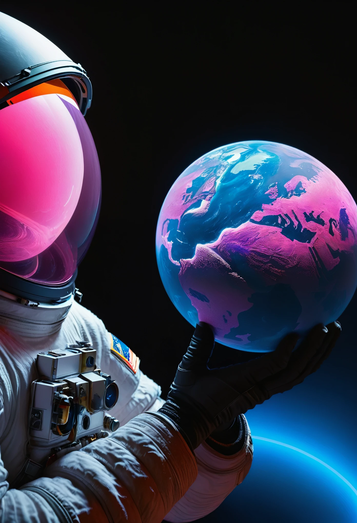 An astronaut holding a planet,close up,Glowing fluorescent feeling,Transparency,dream,Monet's color scheme,by James Turrell James Turrell,Texture Matte,high quality,High Definition,Rose red,blue,Neon light,black background,