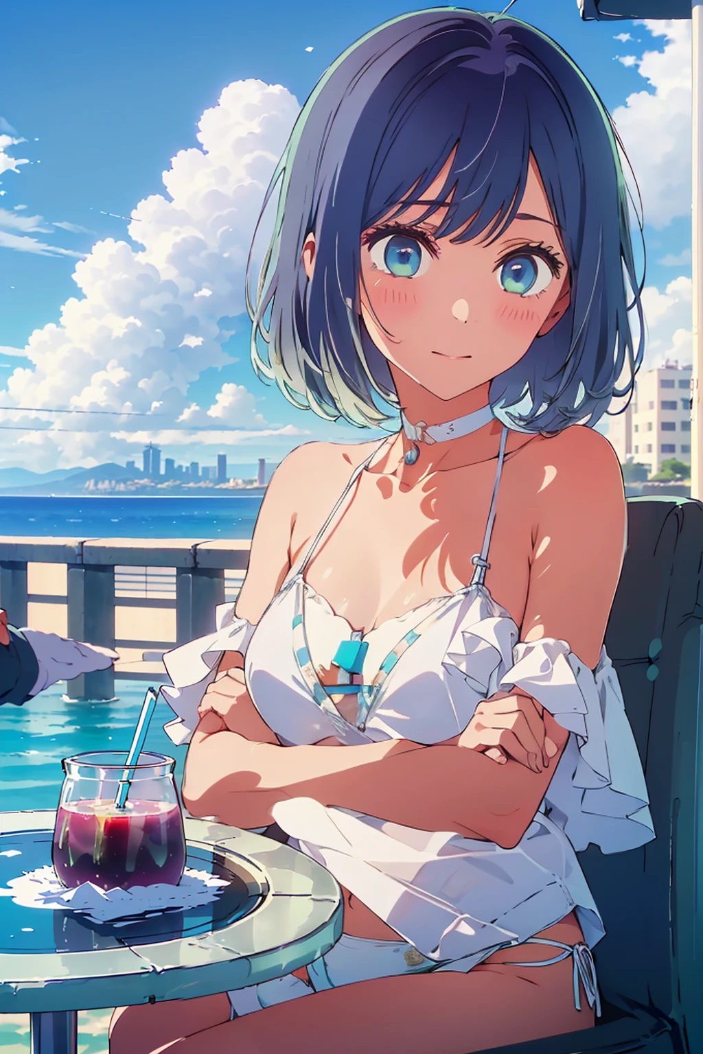 (Highest quality:1.4、8K:1.4、detailed)、F cup bust、Big Breasts、Slim body、Very white beautiful skin、((((1 person、Surprised expression、sit、Chair、In the background are the urban buildings of Tokyo、looking at the camera、Outdoor café terrace、coastal、Navy hair color、juice、White side string high leg bikini、Shooting up close、Shooting from an angle、table、Very cute face))))、(Cross your arms:1.4)、Very blue sky、A completely cloudless sky