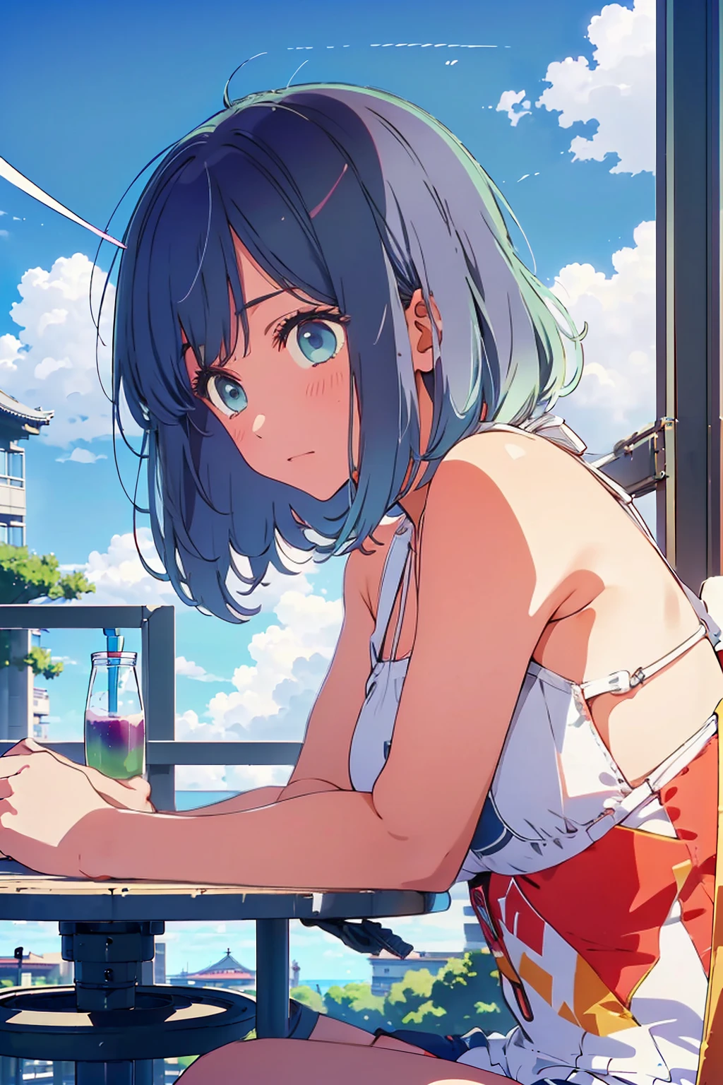 (Highest quality:1.4、8K:1.4、detailed)、F cup bust、Big Breasts、Slim body、Very white beautiful skin、((((1 person、Surprised expression、sit、Chair、In the background are the urban buildings of Tokyo、looking at the camera、Outdoor café terrace、coastal、Navy hair color、juice、White side string high leg bikini、Shooting up close、Shooting from an angle、table、Very cute face))))、(Cross your arms:1.4)、Very blue sky、A completely cloudless sky