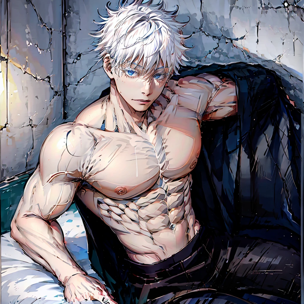 Satorou Gojo sitting on his bed, egocentric look, naked, on-air member, fully erect, wet penis, muscular, short hair on the sides, long hair up, White hair, bright blue eyes