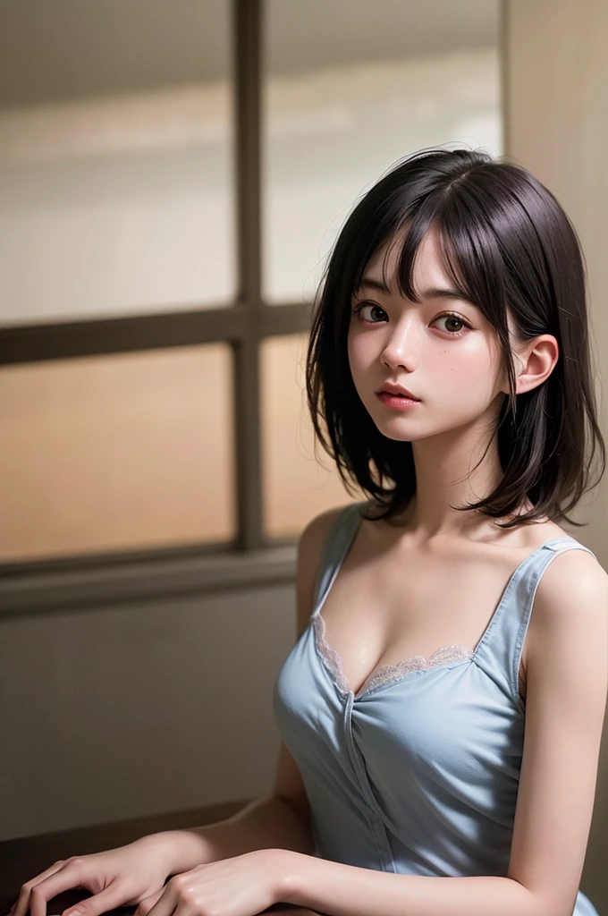 (1 nogizaka girl,raw photo,photo realistic:1.5),(best quality, high quality,HDR, highest quality,ultra high resolution,high resolution,high res,ultra high difinition,huge file size,8K,2K wallpaper,8K wallpaper,high quality texture,amazing,an extremely delicate:1.4),one girl, Japanese famous idol,beautiful face,small face,absurd,ridiculous,incredibly ridiculous,blurry background,(sundress,short hair,cleavage,no makeup:1.2),medium skin,beautiful skin,detailed skin,black hair,silky hair,detailed eyes,black eyes,Japanese nose,5-fingers,(Light Particles, Lens Flare, Luminous Particles: 0.7),looking at viewer,bright lighting,professional lighting,girl
